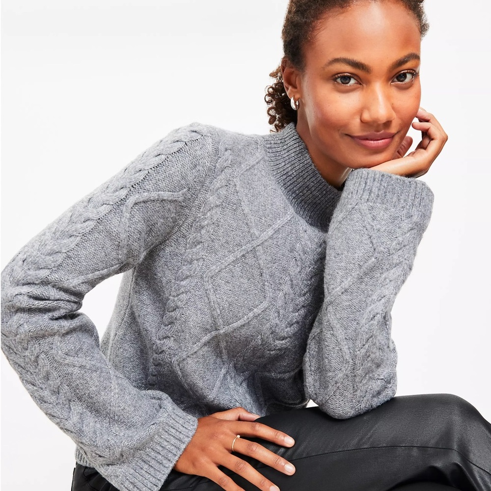 LOFT Medium Gray Mockneck Cable Knit Sweater Dress with wide sleeves XS